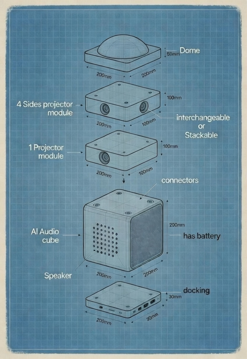 AI Story Companion — exploded hardware stack diagram showing all 5 modular SKUs with dimensions